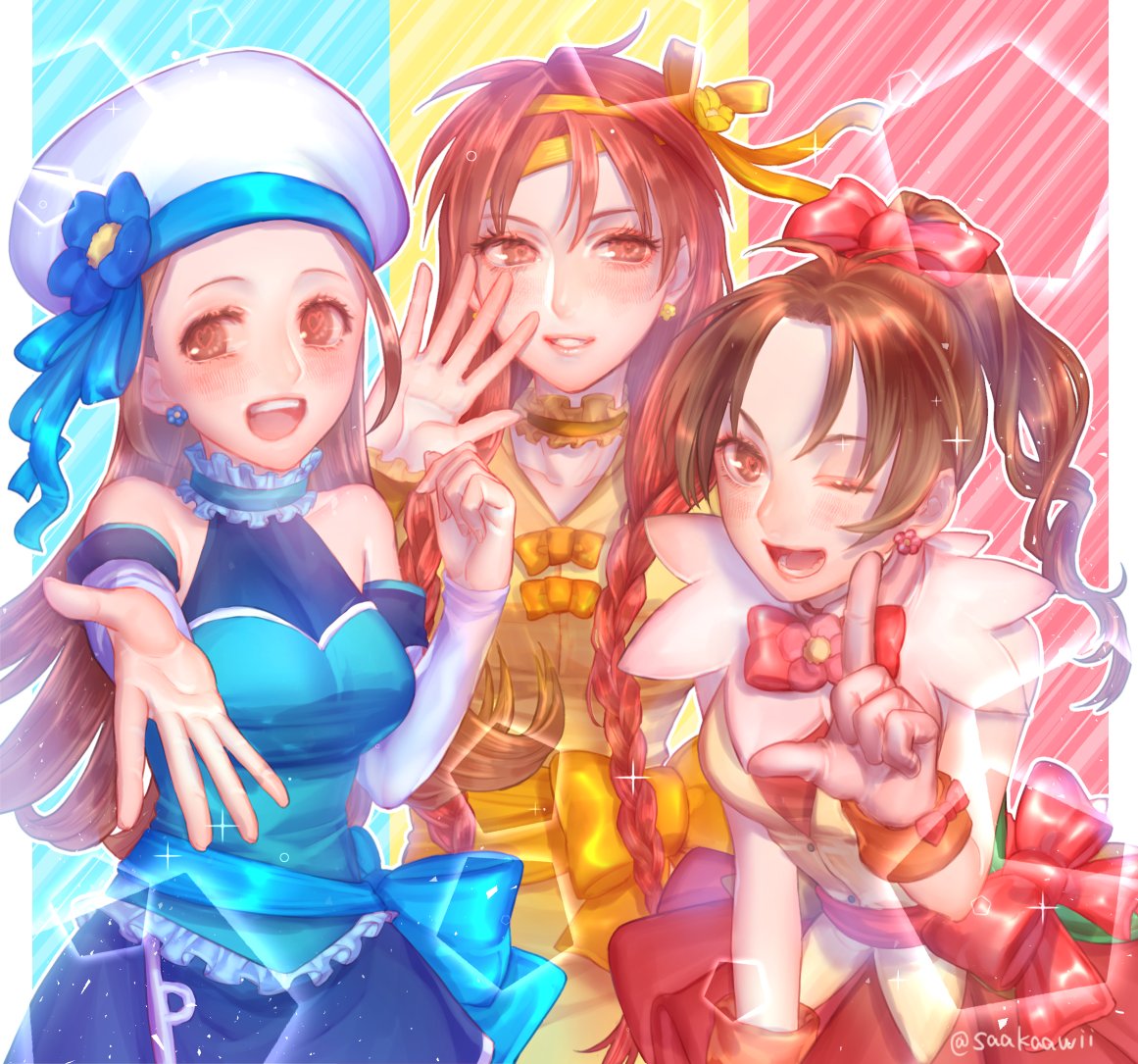 3girls, breasts, brown_eyes, brown_hair, dress, earrings, gensou_suikoden, hat