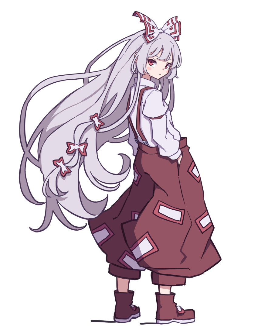 1girl, absurdres, baggy_pants, bangs, bow, buttons, footwear_bow, from_behind