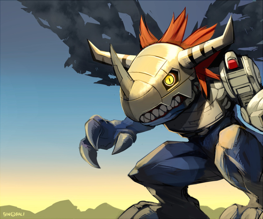 chest_cannon, claws, cyborg, digimon, digimon_(creature), digimon_world, dinosaur, dinosaur_tail