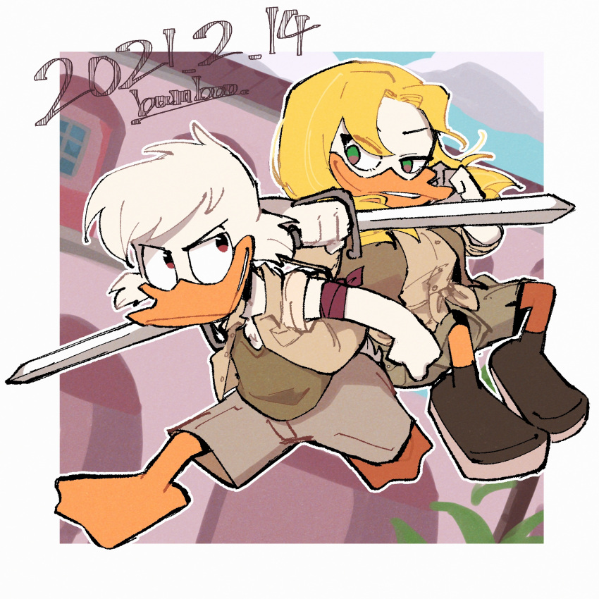 1boy, 1girl, armband, artist_name, bamboo_617, bird, blonde_hair, blue_sky