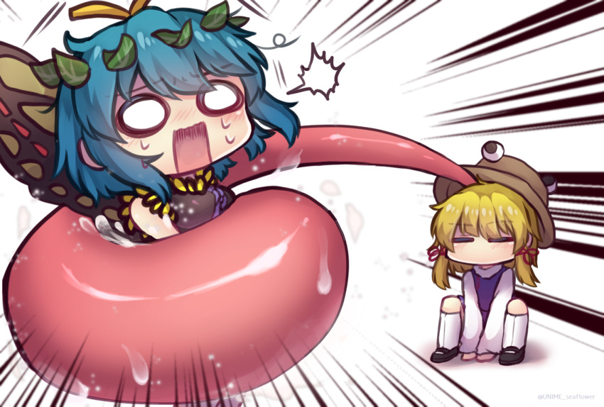 2girls, =_=, ^^^, antennae, arm_support, arms_between_legs, artist_name, bangs