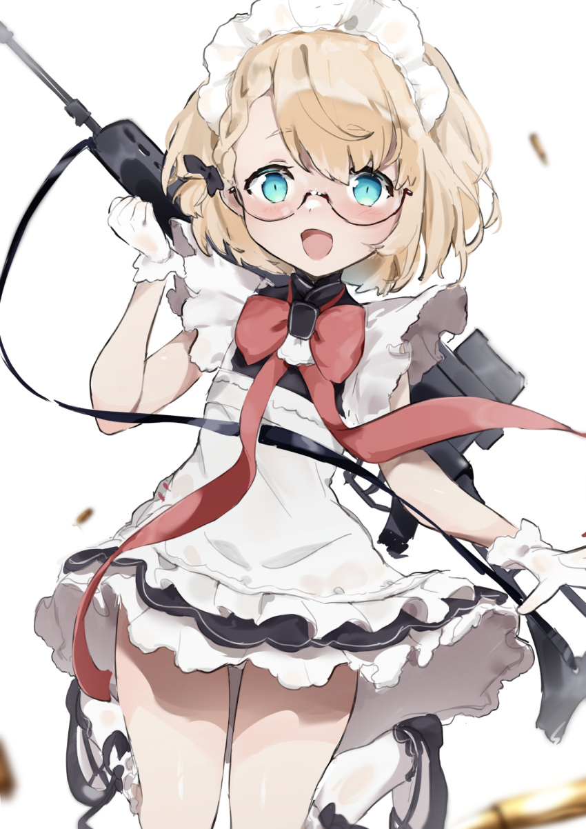 1girl, :d, assault_rifle, bangs, bespectacled, black-framed_eyewear, black_dress, black_footwear