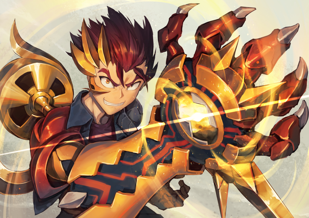 1boy, armor, claw_(weapon), fang, gauntlets, hair_slicked_back, hatiue_(hachi), kazuma_(scryed)
