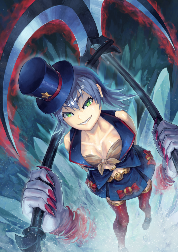 1girl, arms_behind_back, aura, bare_shoulders, belt, black_footwear, blue_hair, blue_headwear