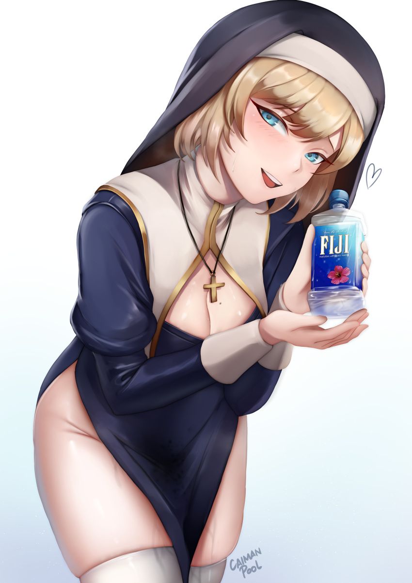 1girl, absurdres, black_robe, blonde_hair, blue_background, blue_eyes, bottle, breasts, caiman_pool, cleavage_cutout, clothing_cutout, cross, cross_necklace, gradient, gradient_background, habit, heart, highres, holding, holding_bottle, jewelry, leaning_forward, long_sleeves, looking_at_viewer, mole, mole_on_breast, necklace, nun, original, short_hair, smile, solo, standing, thigh-highs, water_bottle, white_background, white_legwear