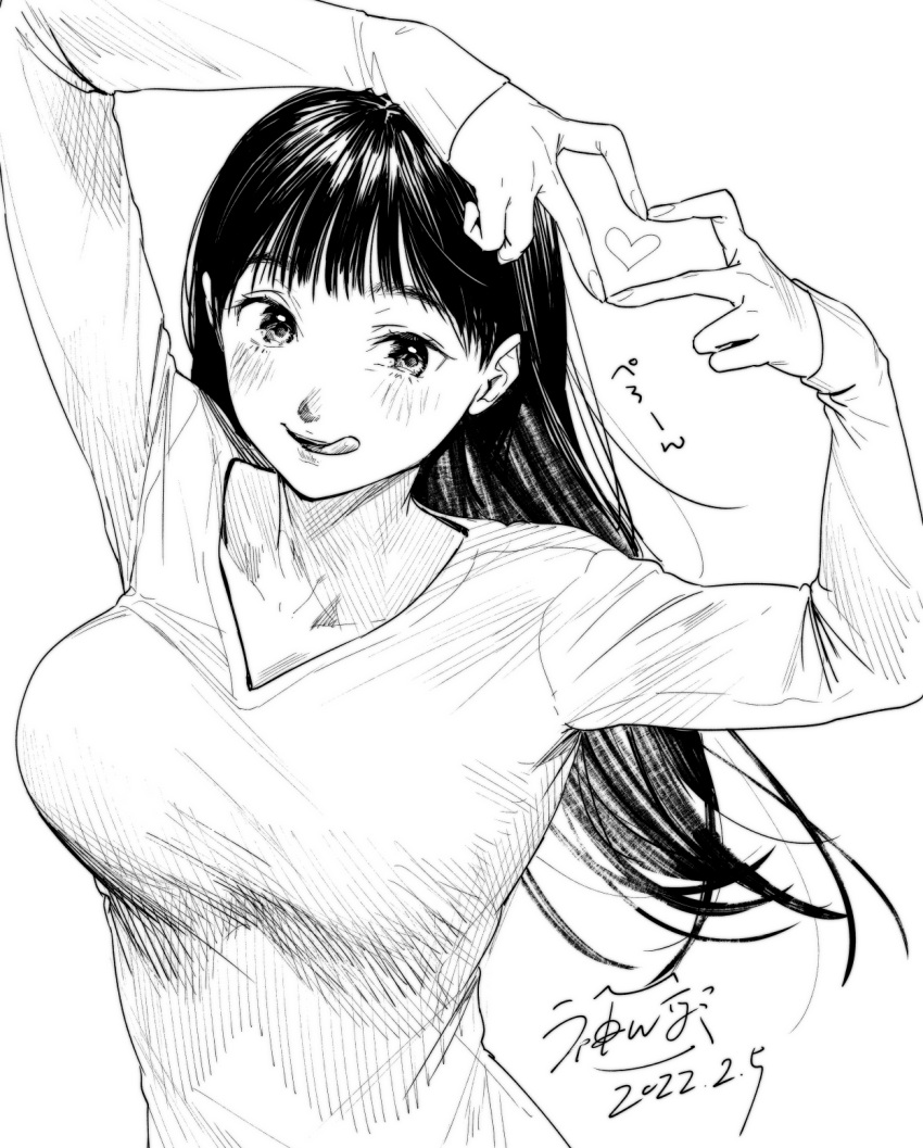 1girl, arms_up, bangs, banned_artist, blush, breasts, commentary_request, dated, greyscale, heart, heart_hands, highres, kamiyama_aya, large_breasts, long_hair, long_sleeves, looking_at_viewer, monochrome, original, shirt, simple_background, sleeves_past_wrists, solo, t-shirt, tongue, tongue_out, upper_body, v_neck