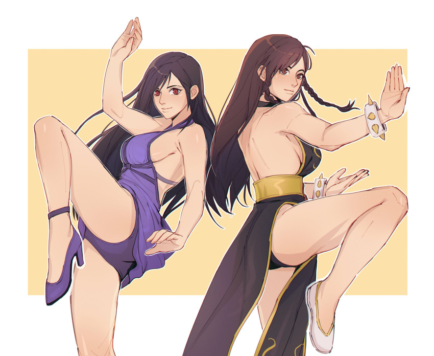2girls, alternate_hairstyle, back-to-back, black_choker, black_dress, breasts, brown_eyes, brown_hair