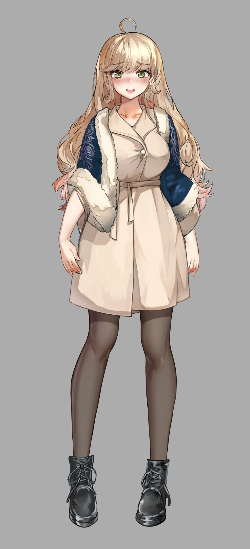 1girl, absurdres, ahoge, black_footwear, black_legwear, blonde_hair, blush, boots, breasts, brown_coat, coat, collarbone, full_body, green_eyes, grey_background, highres, large_breasts, long_hair, missouri_(warship_girls_r), nose_blush, pantyhose, phy, simple_background, solo, standing, warship_girls_r