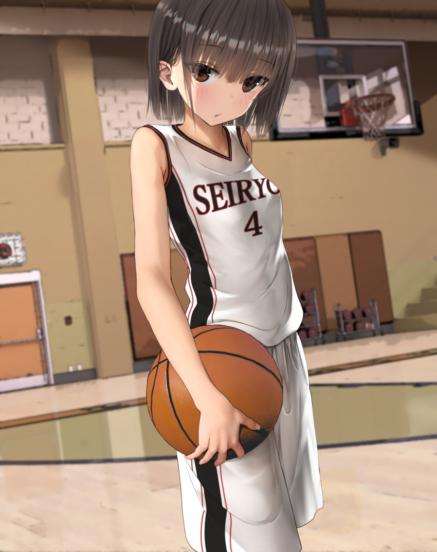 1girl, ball, bangs, basketball, basketball_court, basketball_uniform, blunt_bangs, brown_eyes