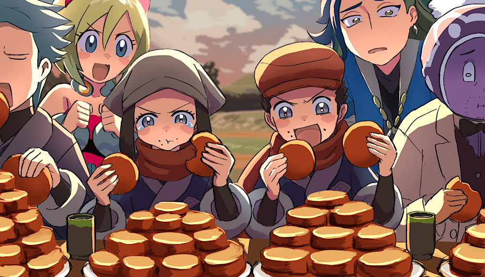 3boys, 3girls, :t, adaman_(pokemon), akari_(pokemon), black_hair, black_shirt, blonde_hair