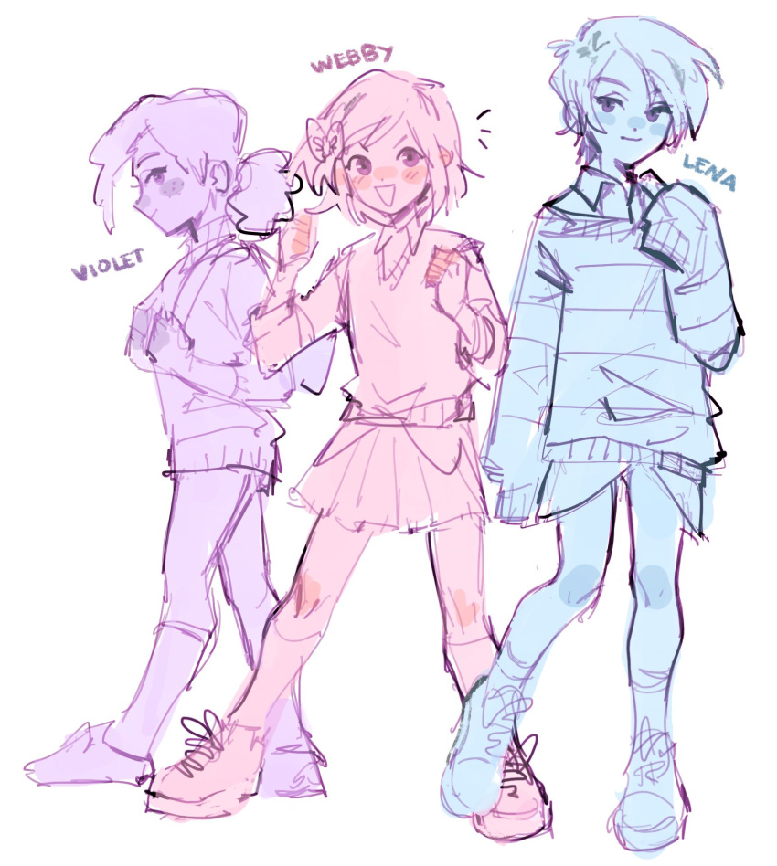 3girls, :d, blush, bow, character_name, closed_mouth, collared_shirt, ducktales