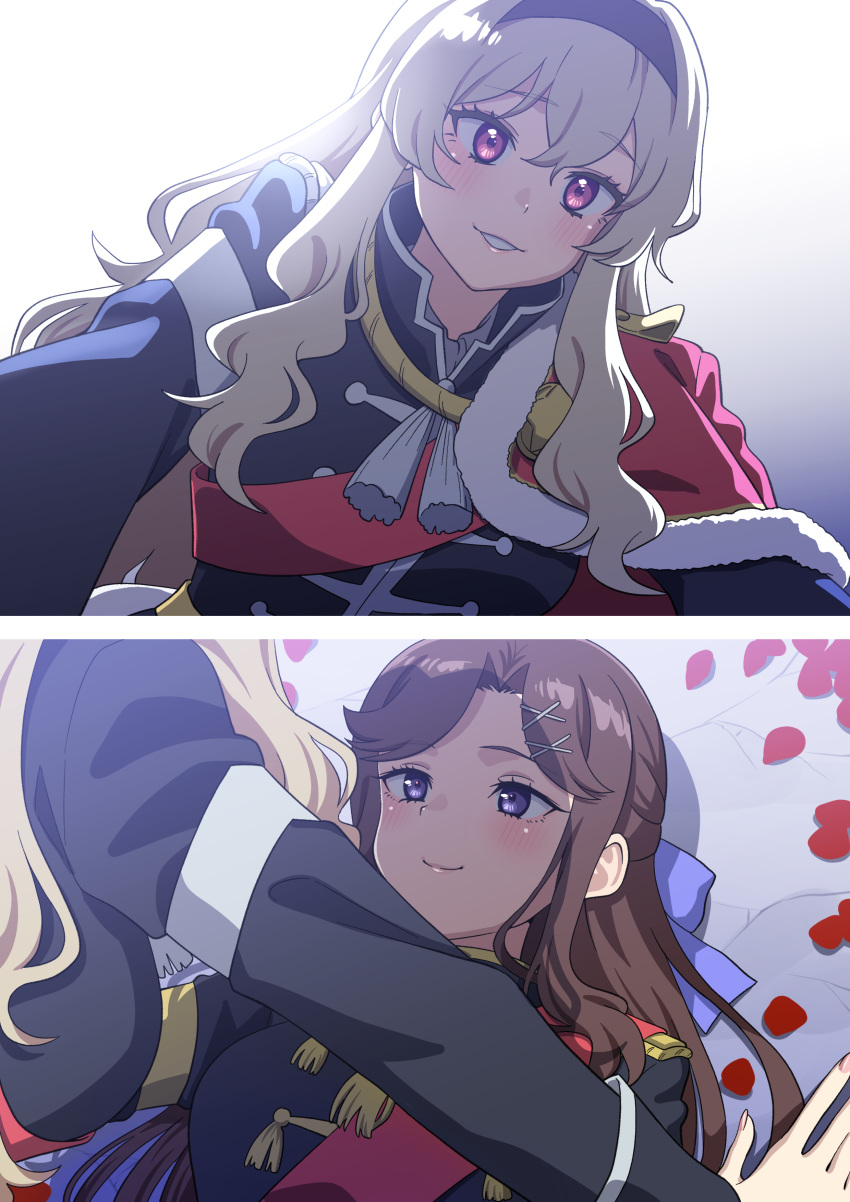 2girls, absurdres, arm_support, backlighting, bangs, black_hairband, black_jacket, blonde_hair