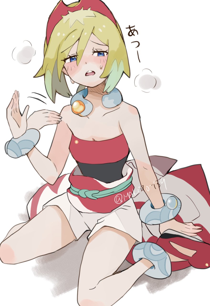 1girl, anklet, arm_support, bangs, blonde_hair, blue_eyes, blush, bracelet