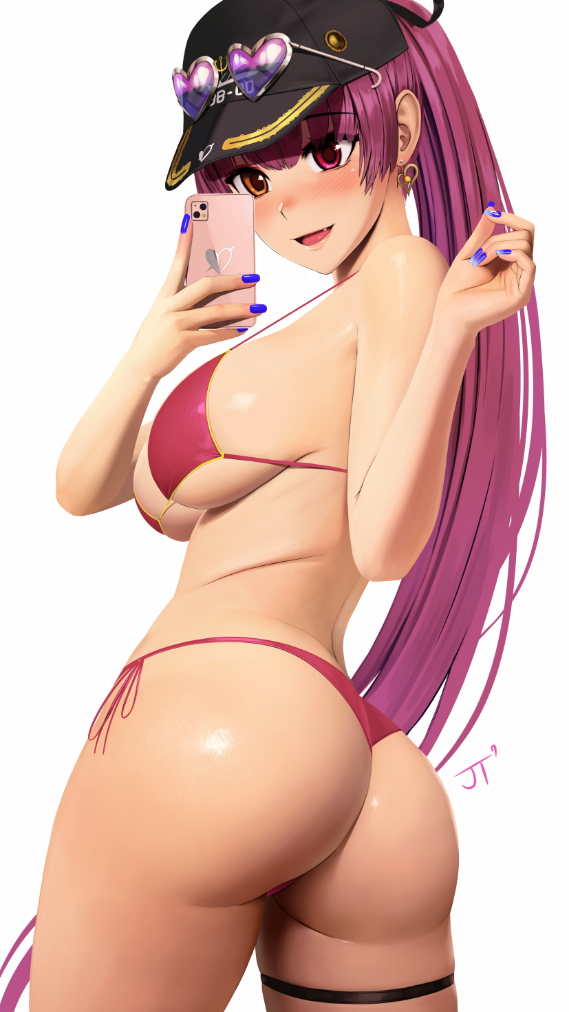 1girl, ass, banned_artist, bikini, black_headwear, blue_nails, blush, breasts