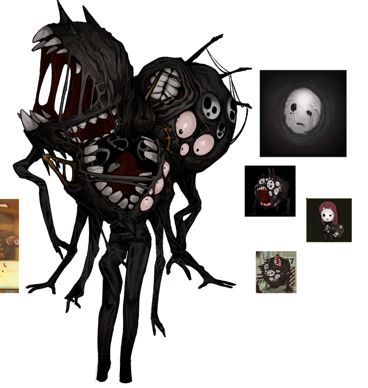 1girl, black_skin, colored_skin, creature, dissolving, horror_(theme), maipll_two, mask, melting, monster, monster_girl, monsterification, mouth, multiples_arm, multiples_eyes, multiples_mouth, original, teeth, what, what_i_watched_what_i_expected_what_i_got