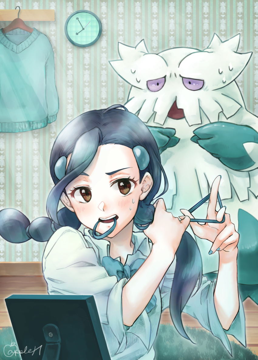1girl, abomasnow, absurdres, adjusting_hair, black_hair, blush, brown_eyes, candice_(pokemon)