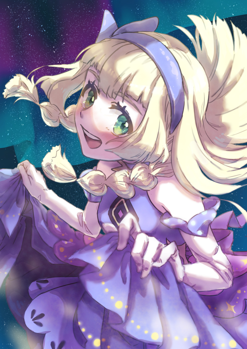 1girl, :d, absurdres, aurora, bangs, bare_shoulders, blonde_hair, blush, braid, commentary_request, dress, elbow_gloves, eyelashes, floating_hair, gloves, green_eyes, hairband, highres, lillie_(pokemon), long_hair, minatoya_ringo, night, official_alternate_costume, open_mouth, outdoors, pokemon, pokemon_(game), pokemon_masters_ex, purple_dress, purple_hairband, sky, sleeveless, sleeveless_dress, smile, solo, star_(sky), teeth, tongue, twin_braids, upper_teeth, white_gloves