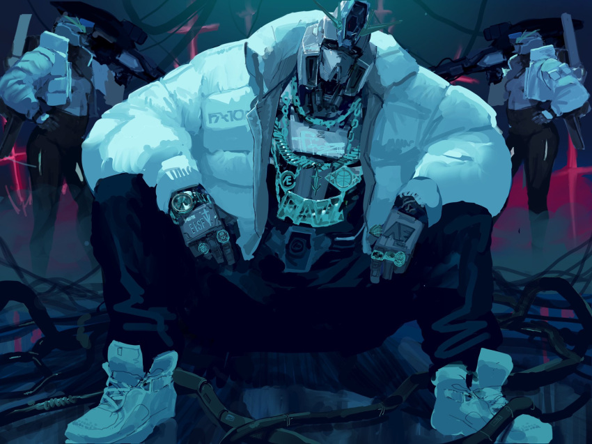 2girls, black_pants, breasts, chain, character_name, fazz_(gundam), gold_chain, gundam, gundam_sentinel, hand_on_hip, head_tilt, highres, hip_hop, jacket, jewelry, mecha, medium_breasts, mobile_suit, multiple_girls, pants, ring, rintaro_komori, sitting, standing, v-fin, watch, watch, white_footwear, white_jacket, yoga_pants