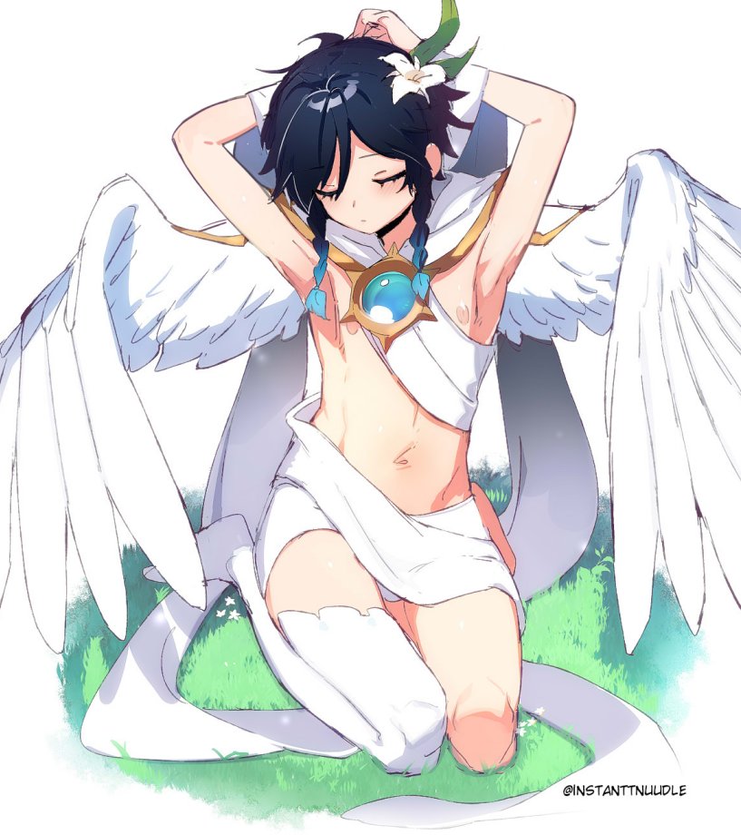 1boy, bangs, black_hair, blue_hair, braid, closed_eyes, commentary, english_commentary, feathered_wings, flower, genshin_impact, gradient_hair, grass, hair_flower, hair_ornament, instanttnoodle, male_focus, multicolored_hair, navel, official_alternate_costume, short_hair_with_long_locks, single_thighhigh, solo, thigh-highs, twin_braids, venti_(genshin_impact), white_background, white_flower, white_wings, wings