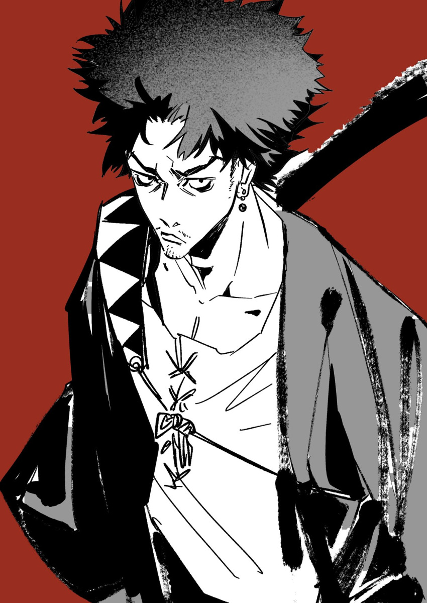 1boy, bear, collarbone, earrings, facial_hair, greyscale, highres, japanese_clothes