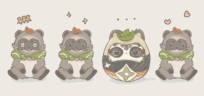 ..., closed_eyes, commentary_request, daruma_doll, full_body, genshin_impact, grey_background, heart