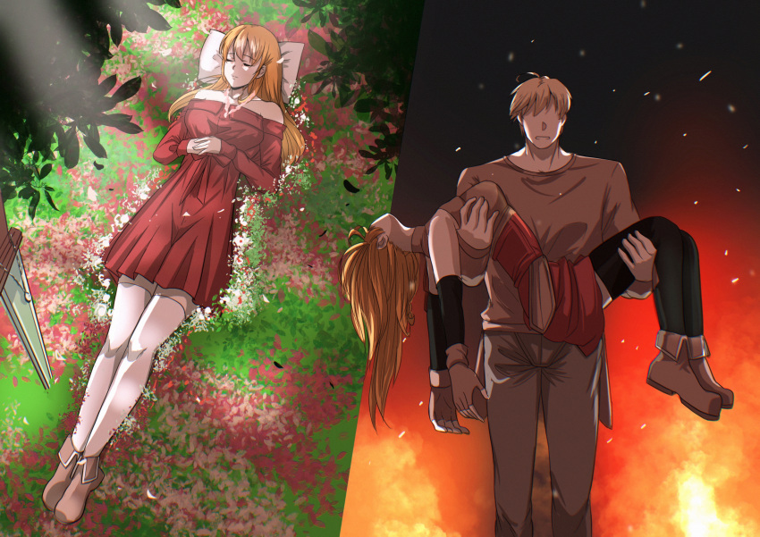 1boy, 1girl, absurdres, carrying, carrying_person, corpse, death, detached_sleeves