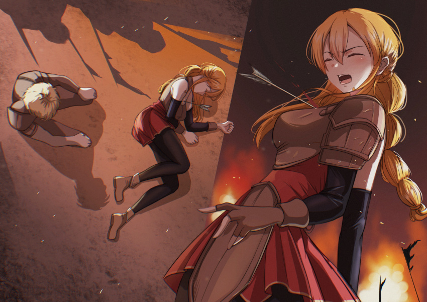 1boy, 1girl, absurdres, armor, arrow_(projectile), blonde_hair, blood, boots