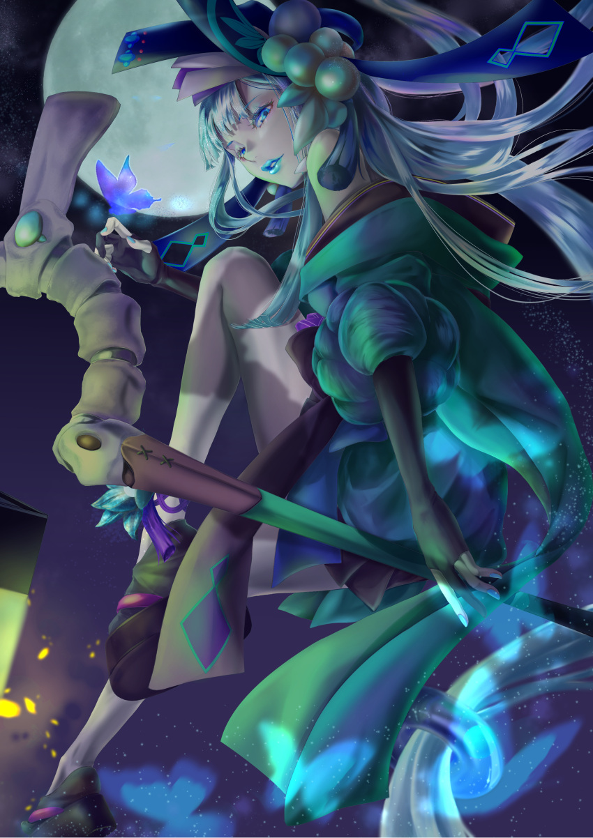 1girl, absurdres, aoandon, black_footwear, blue_butterfly, blue_eyes, blue_lips, blue_nails