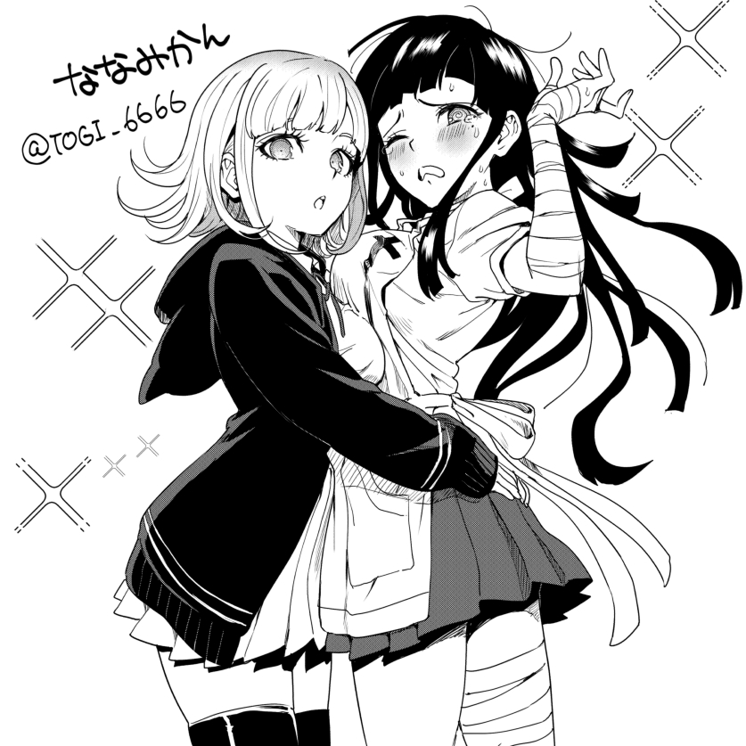 2girls, :o, apron, bandaged_arm, bandages, bangs, blush, breasts