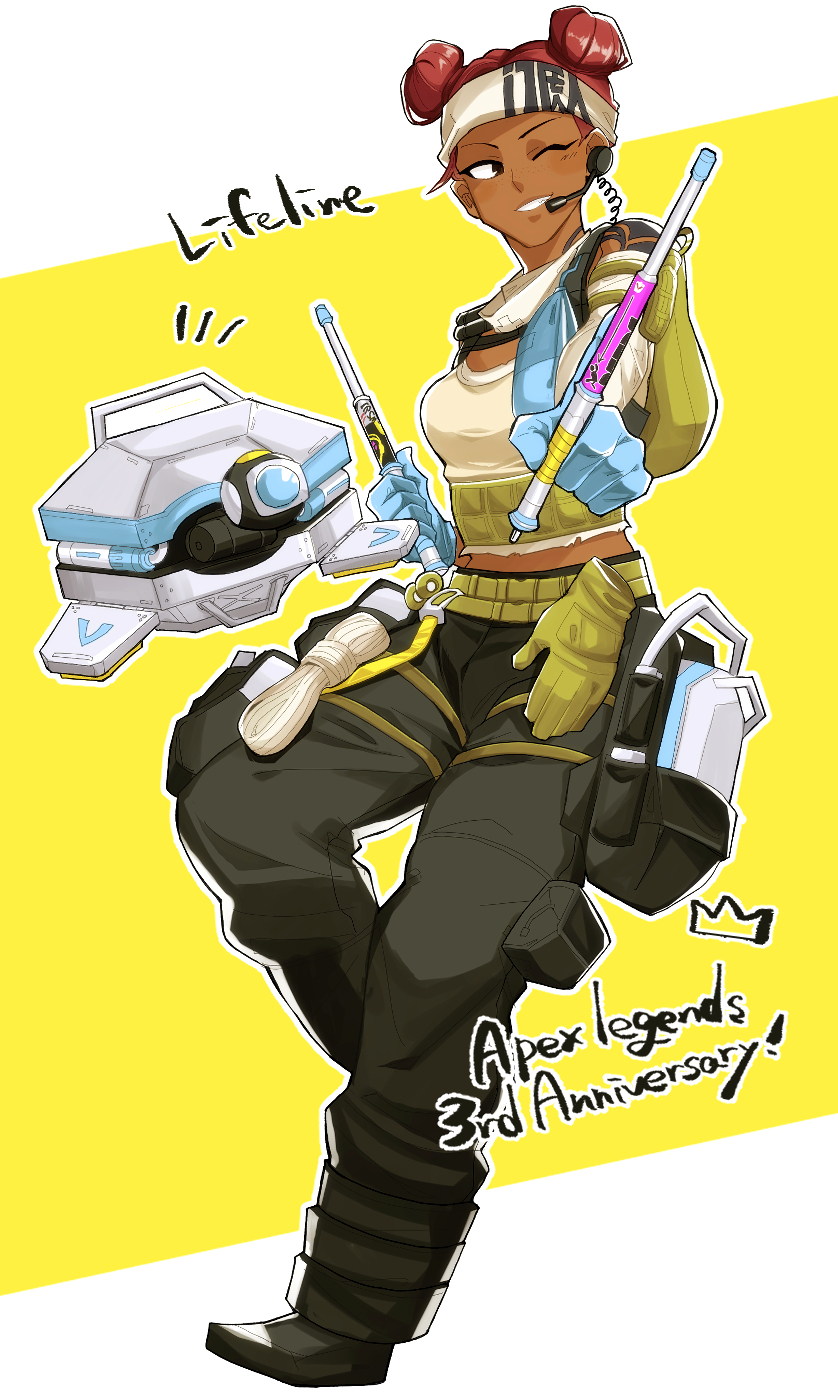 1girl, anniversary, apex_legends, arm_tattoo, beige_tank_top, black_pants, blue_gloves, breasts
