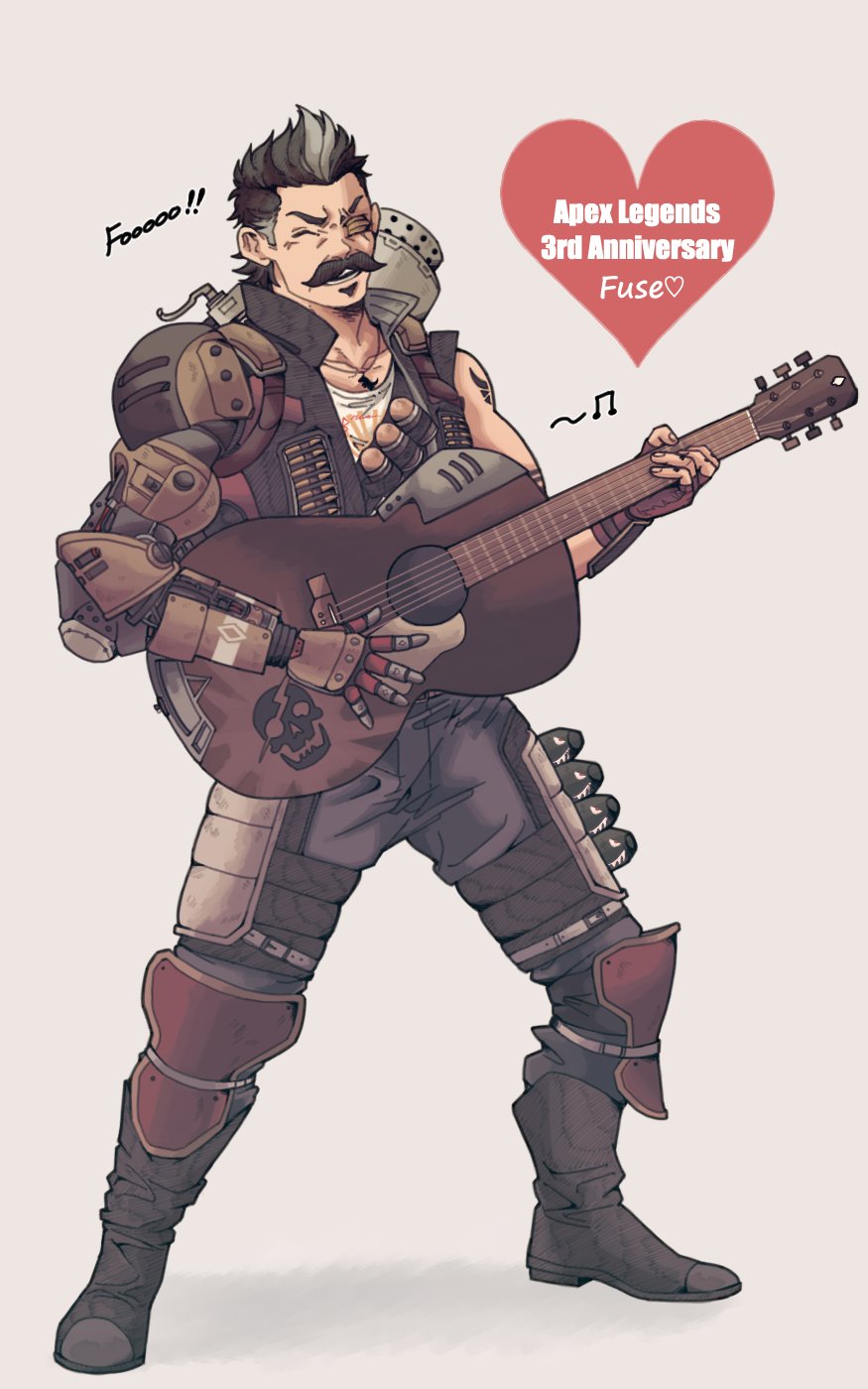 1boy, ^_^, anniversary, apex_legends, black_hair, black_jacket, black_pants, boots, brown_footwear, character_name, closed_eyes, collared_shirt, copyright_name, eyepatch, fuse_(apex_legends), grey_hair, heart, highres, jacket, jewelry, kyapi_ta, male_focus, mechanical_arms, multicolored_hair, musical_note, necklace, one_eye_covered, pants, scar, scar_across_eye, shirt, single_mechanical_arm, sleeveless, sleeveless_jacket, smile, solo, streaked_hair, white_shirt