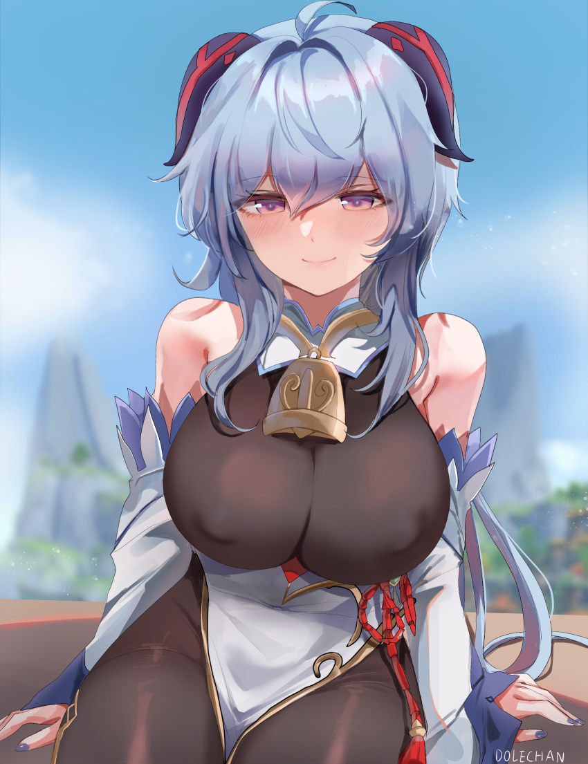 1girl, absurdres, ahoge, bangs, bare_shoulders, bell, blue_hair, bodystocking