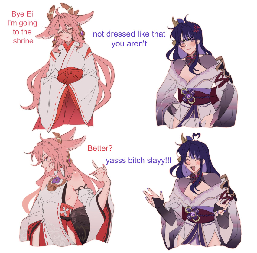 2girls, animal_ears, bangs, bare_shoulders, black_hair, blush, breasts, buruchii, comedy, detached_sleeves, earrings, english_text, eyebrows_visible_through_hair, fox_ears, genshin_impact, hair_between_eyes, hair_ornament, highres, japanese_clothes, jewelry, long_hair, long_sleeves, miko, mitsudomoe_(shape), multiple_girls, obiage, obijime, pink_hair, raiden_shogun, smile, tomoe_(symbol), violet_eyes, wide_sleeves, yae_miko