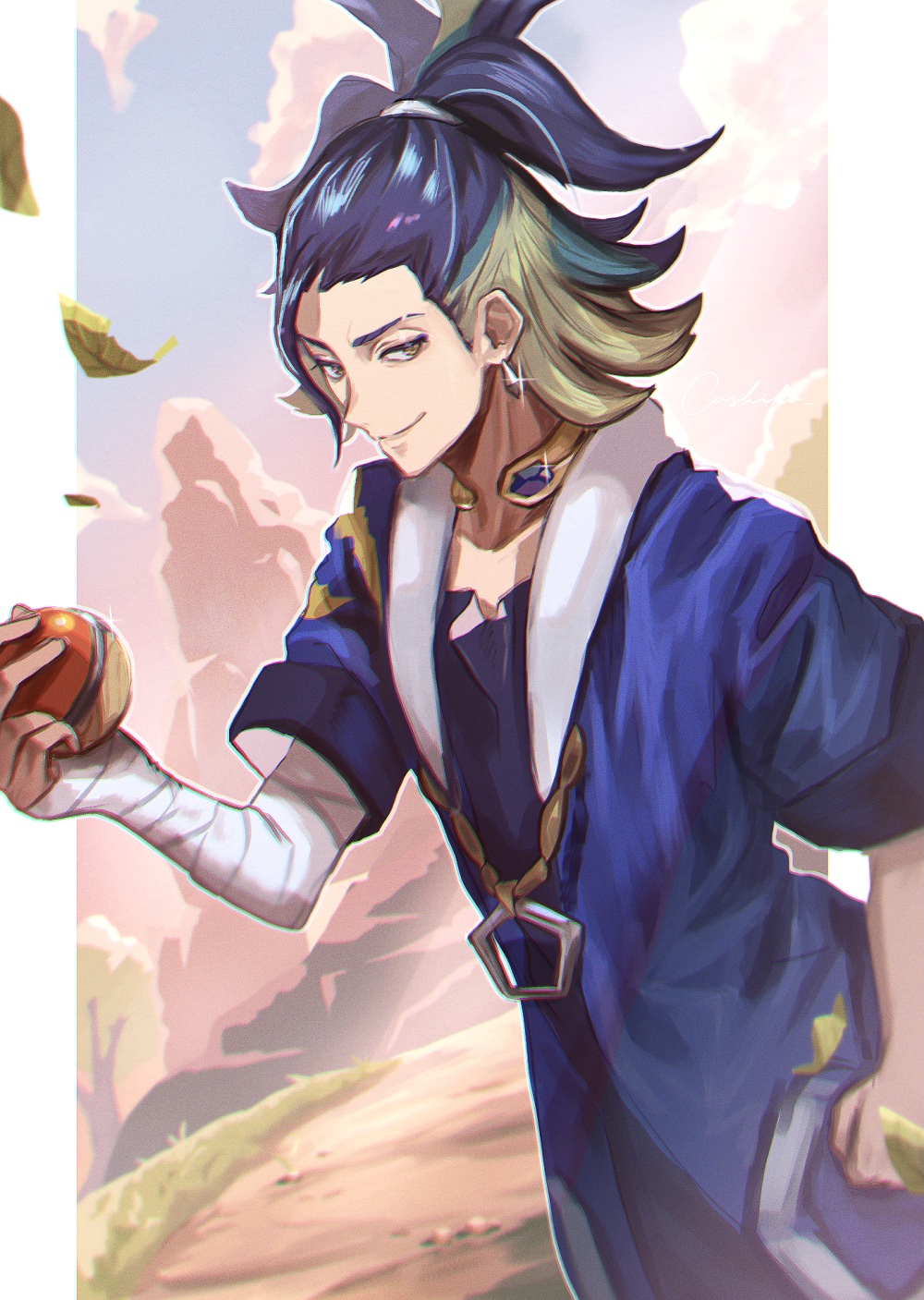 1boy, adaman_(pokemon), arm_wrap, blue_coat, blue_hair, brown_eyes, cashiko, closed_mouth