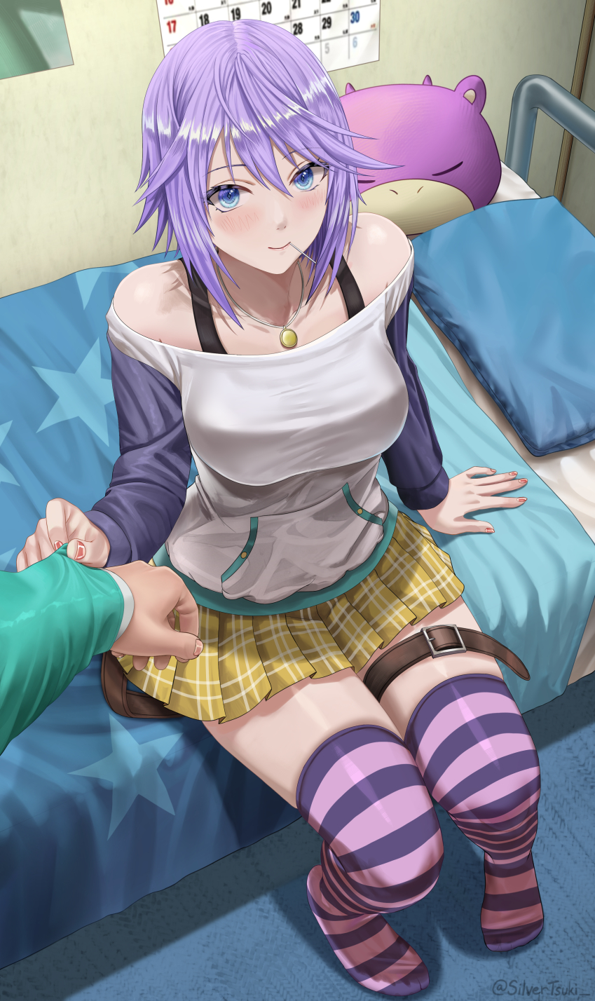 1boy, 1girl, bangs, bed, bed_sheet, bedroom, blue_eyes, blush