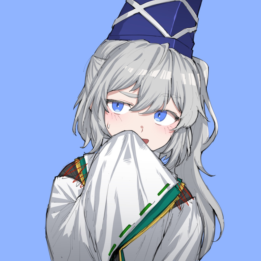 1girl, :d, ast.rockett, bangs, blue_background, blue_eyes, blue_headwear, covering_mouth