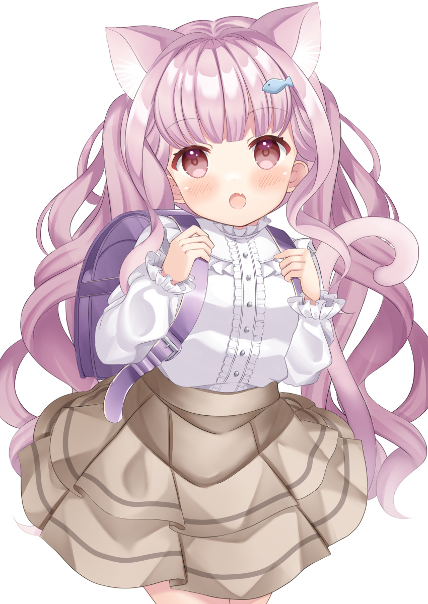 1girl, absurdres, animal_ear_fluff, animal_ears, backpack, bag, blush, brown_skirt