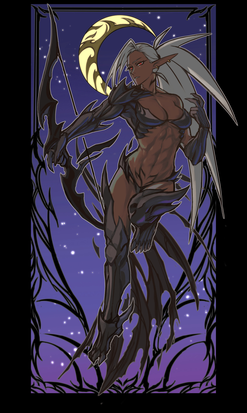 1girl, abs, absurdres, bow_(weapon), breasts, crescent_moon, dark-skinned_female, dark_elf