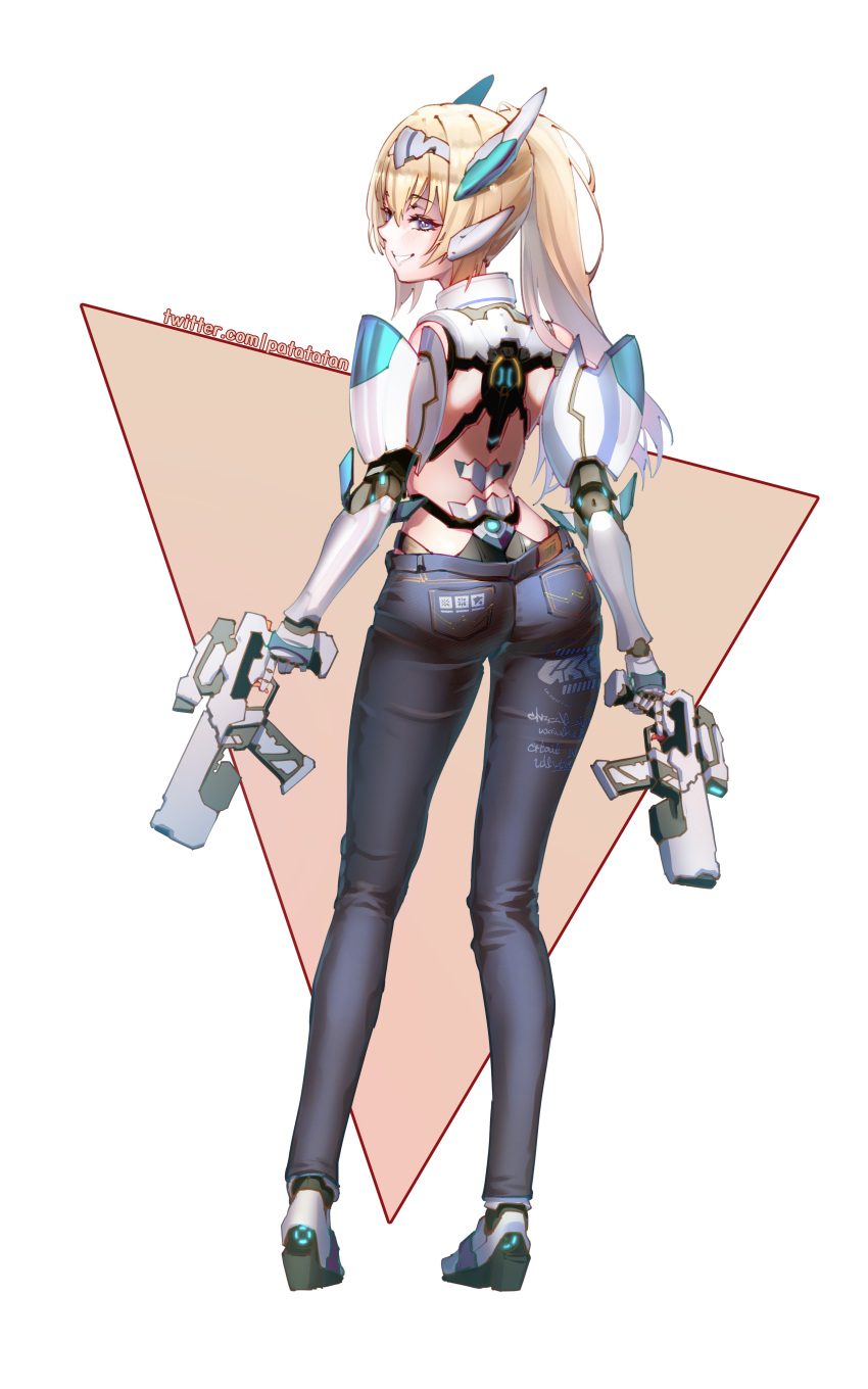 1girl, absurdres, alternate_hairstyle, android, blonde_hair, blue_eyes, blush, denim