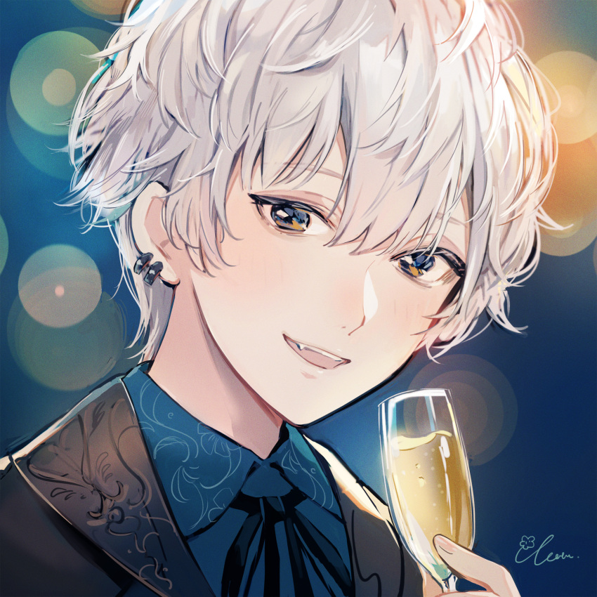 1boy, absurdres, black_jacket, black_ribbon, blue_background, blue_eyes, blue_shirt, blurry