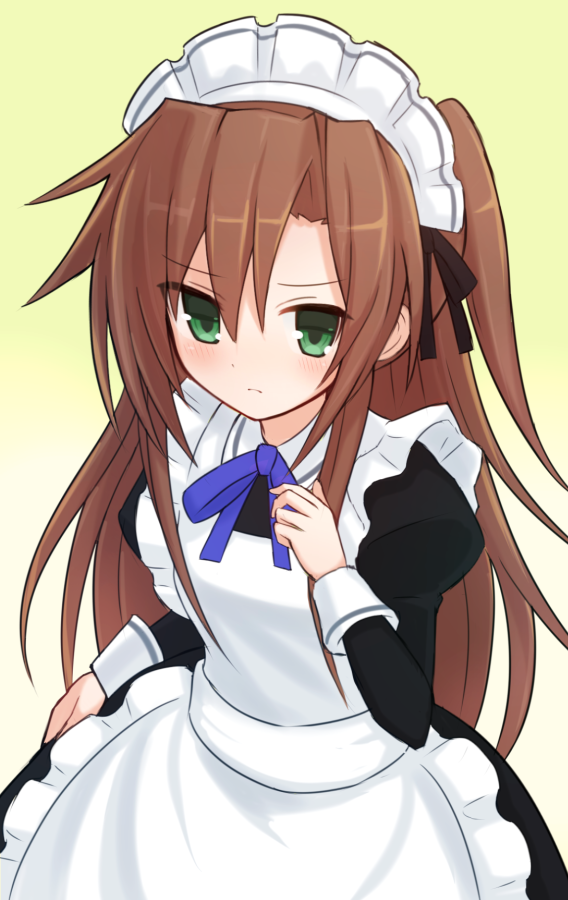 1girl, alternate_costume, apron, blue_ribbon, brown_hair, choujigen_game_neptune, enmaided, green_eyes
