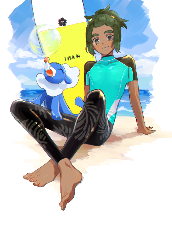 1boy, alternate_costume, arm_support, barefoot, beach, bodysuit, border, bubble, closed_mouth, clouds, commentary_request, dark-skinned_male, dark_skin, day, green_hair, grey_eyes, hau_(pokemon), looking_at_viewer, male_focus, ocean, outdoors, outside_border, panco500, pokemon, pokemon_(creature), pokemon_(game), pokemon_sm, popplio, sand, shore, short_hair, sitting, sky, smile, surfboard, toes, water, wetsuit, white_border