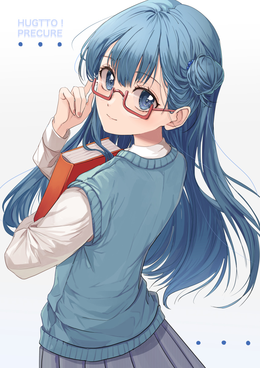 1girl, absurdres, blue_hair, blue_skirt, blue_vest, book, cowboy_shot, eyebrows_visible_through_hair