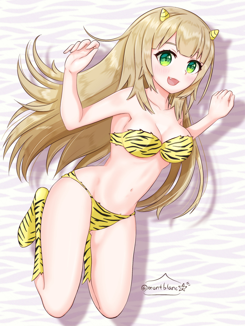 1girl, absurdres, animal_print, bikini, blonde_hair, commentary_request, cosplay, fang