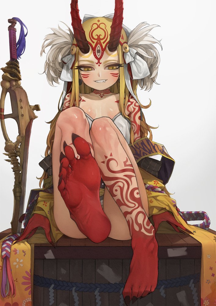 1girl, bare_shoulders, barefoot, blonde_hair, facial_mark, fate/grand_order, fate_(series), feet