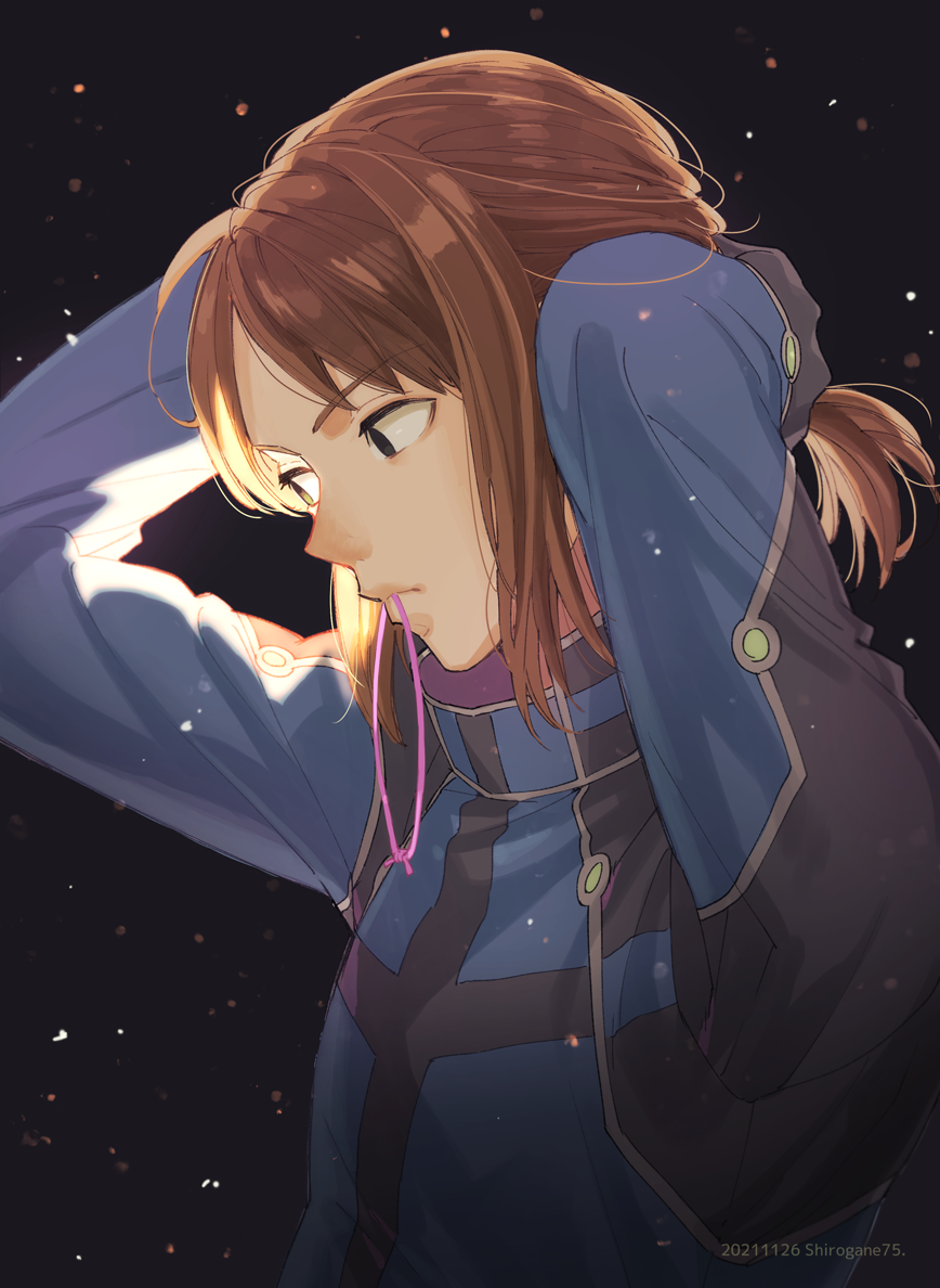 1boy, adjusting_hair, arm_up, arms_behind_head, artist_name, backlighting, bangs, black_background