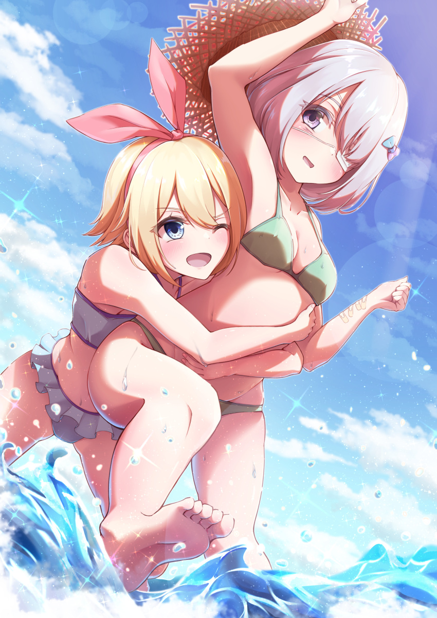 2girls, absurdres, amagai_kosame, blonde_hair, blush, bow, breasts, eyebrows_visible_through_hair