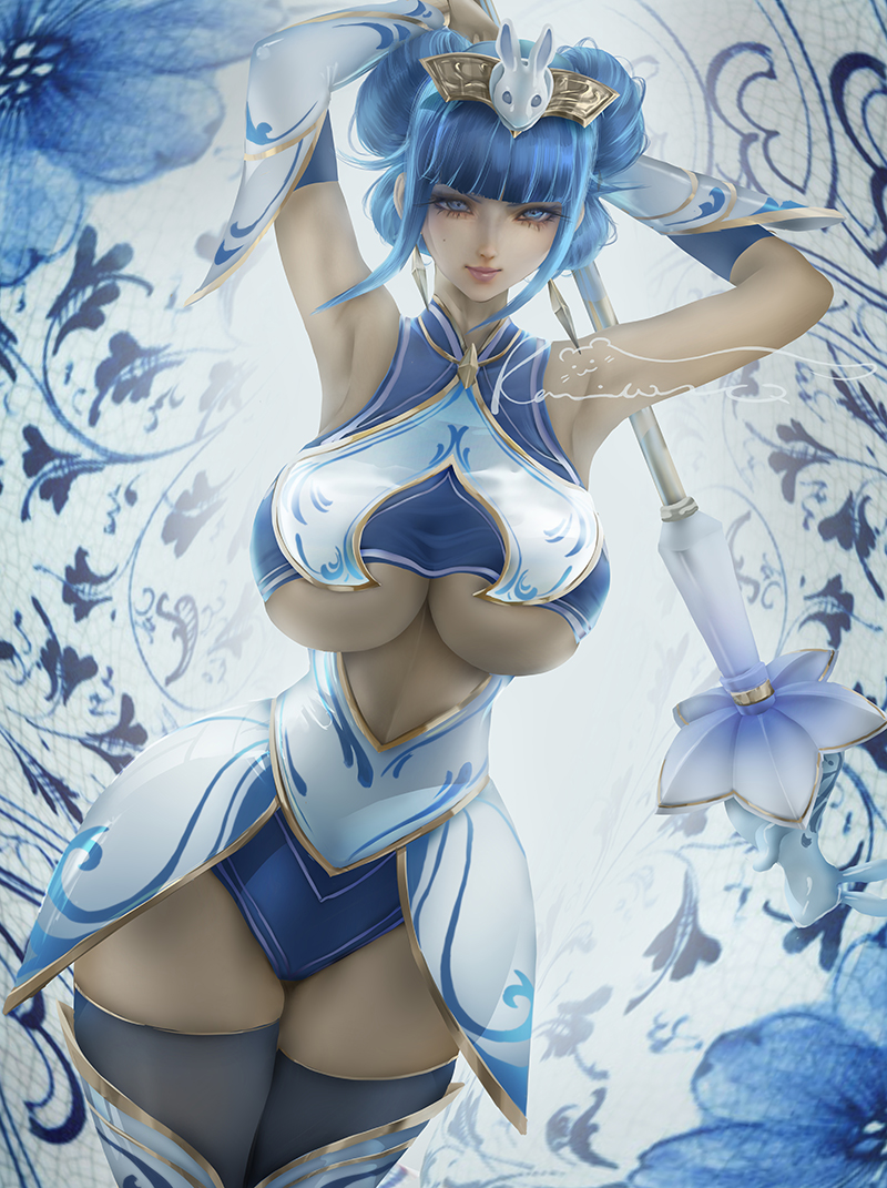 1girl, armpits, arms_behind_head, bangs, black_legwear, blue_eyes, blue_flower, blue_hair