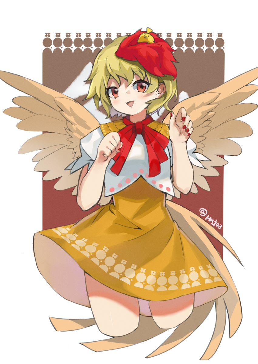 1girl, absurdres, animal_on_head, bird, bird_on_head, bird_tail, bird_wings, blonde_hair