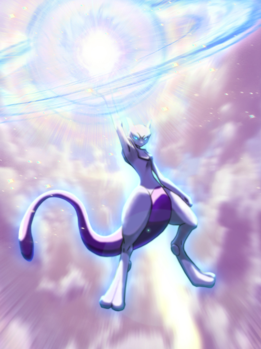 above_clouds, absurdres, arm_up, blue_eyes, commentary_request, elyoncat, energy_ball, full_body